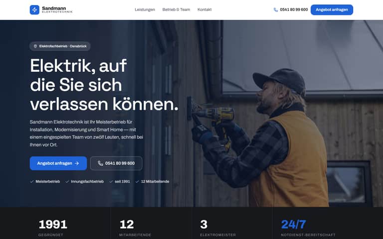 Konzeptstudie Sandmann Elektrotechnik — Firmenwebsite, gebaut mit WebsiteSprint